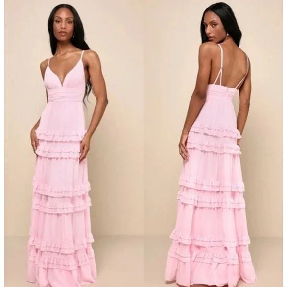 Lulus Lavish Perfection Ruffled Tiered Maxi Dress V-Neck Formal Gown, Light Pink - Picture 1 of 12